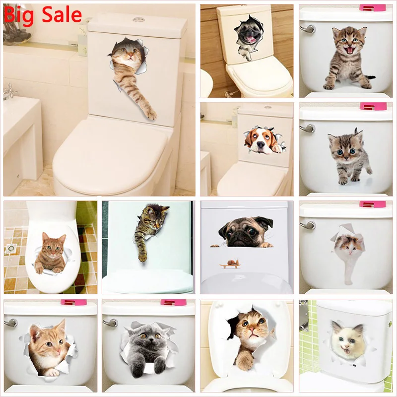 

Vivid 3d Hole Cat Dog Animal Toilet Stickers Home Decoration Diy Wc Washroom Pvc Posters Kitten Puppy Cartoon Wall Art Decals