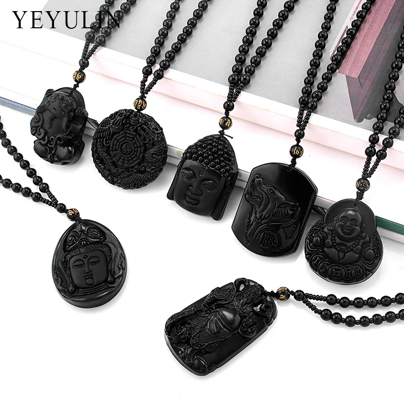 Чудесный резной кулон с изображением Будды и Гуаньинь Maitreya Lion Black Obsidian Lucky blession ожерелье ювелирные изделия для женщин и мужчин
