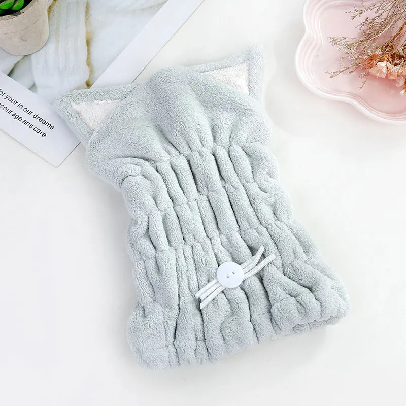 Шапка для душа с кошачьими ушками, коралловый флис, тюрбан для волос, быстро сохнет, шапка для волос, обернутая полотенцем, душ для купания, шапка Gorra Mujer, шапочка для душа - Цвет: Серый