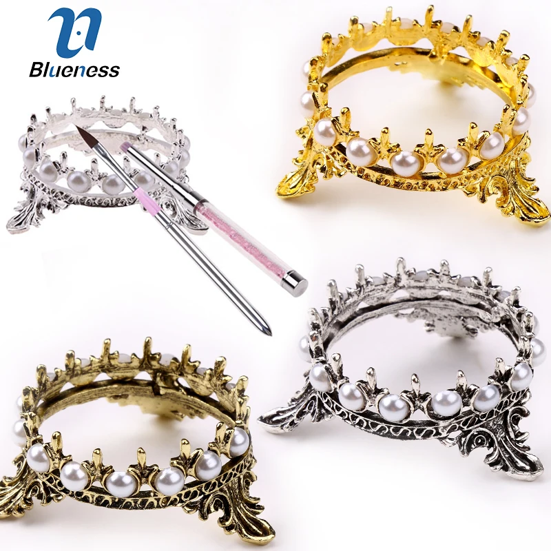 Blueness 1Pcs Metal Nail Brush Pen Rack Stand Holder Glitter Crown Pearl Design Manicure Art Tools Showing Shelf |
