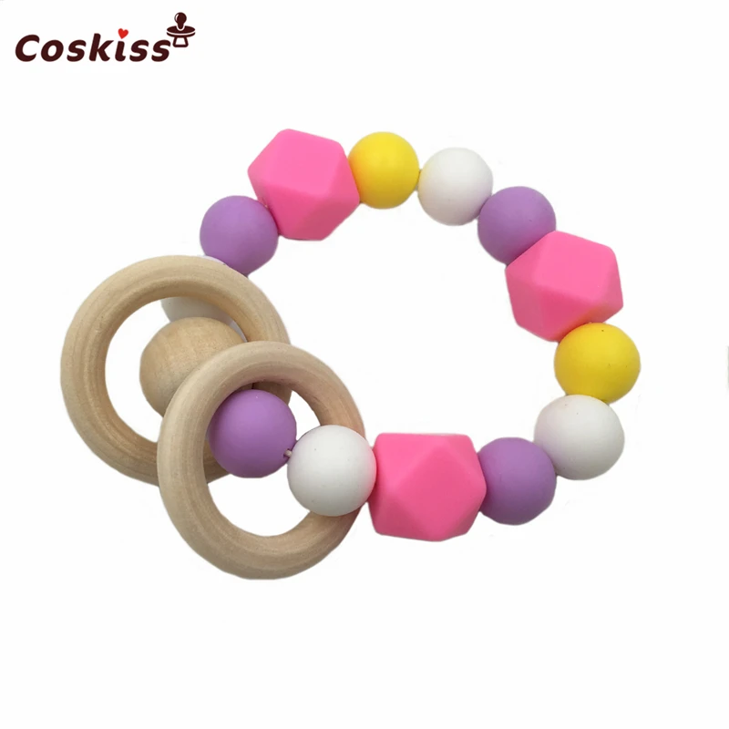 Pulsera mordedor para beb&eacute;, anillo de madera con cuentas de silicona, mordedor seguro para la Naturaleza, brazalete org&aacute;nico para beb&eacute;-1
