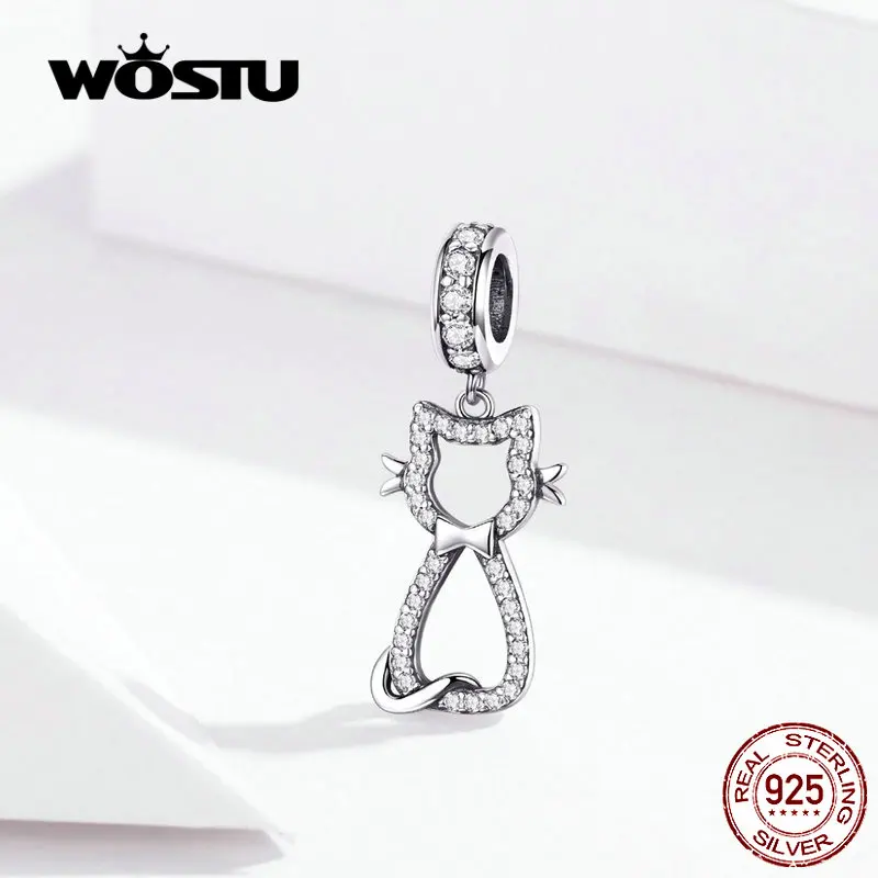 WOSTU Милая кошка подвеска в виде животного Шарм 925 пробы серебро циркон бусины подходят DIY браслет серебро 925 ювелирных изделий CQC1162