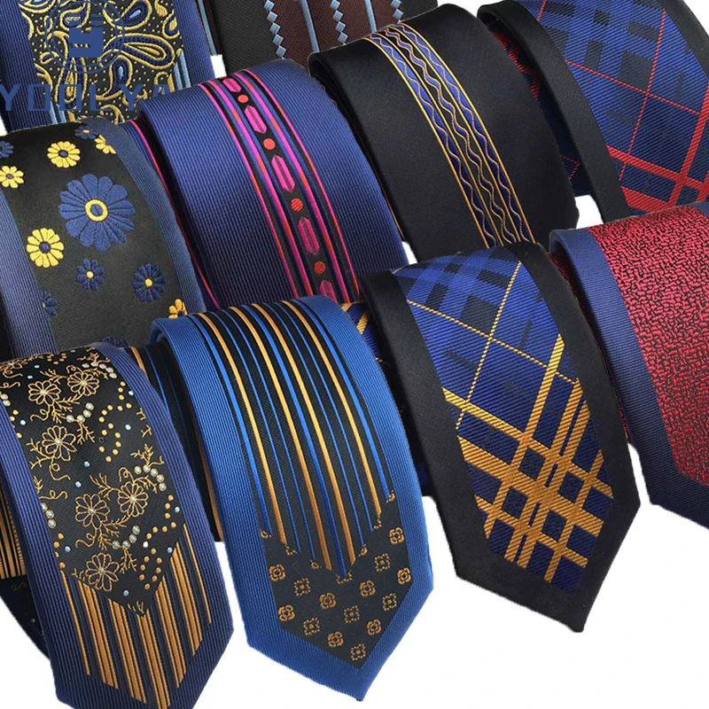 

High Quality 6CM Mens Skinny Ties Stripes Polyester Silk Narrow Necktie Jacquard Woven Slim Groomsman Neck Tie For Wedding Party