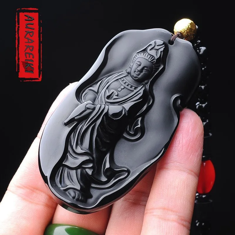 AURAREIKI натуральный обсидиан Guanyin Ожерелье Подвеска буддизм амулет жемчужное