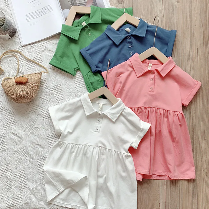 Summer Girls Baby Dress Clothes Turn-down Collar Kids Cotton Pleated Children School 100% Princess Dresses | Детская одежда и