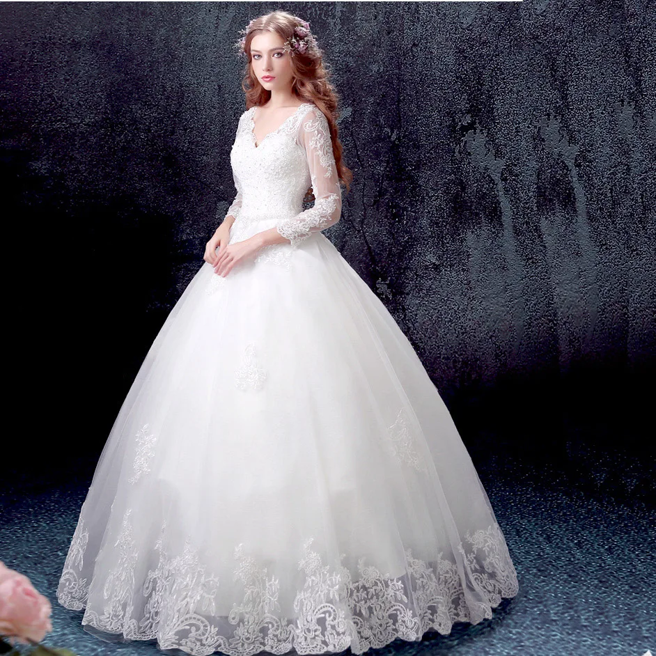 

v neck long sleeves wedding dress 2017 bridal gowns trouwjurk vestido de noiva free shipping