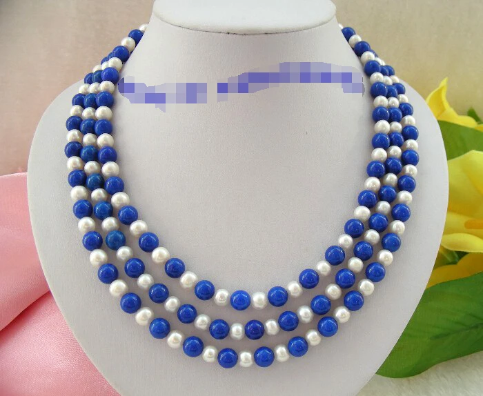 Доставка потрясающие 3 ряда 8 мм круглый белый жемчуг пресноводных синий лазурит