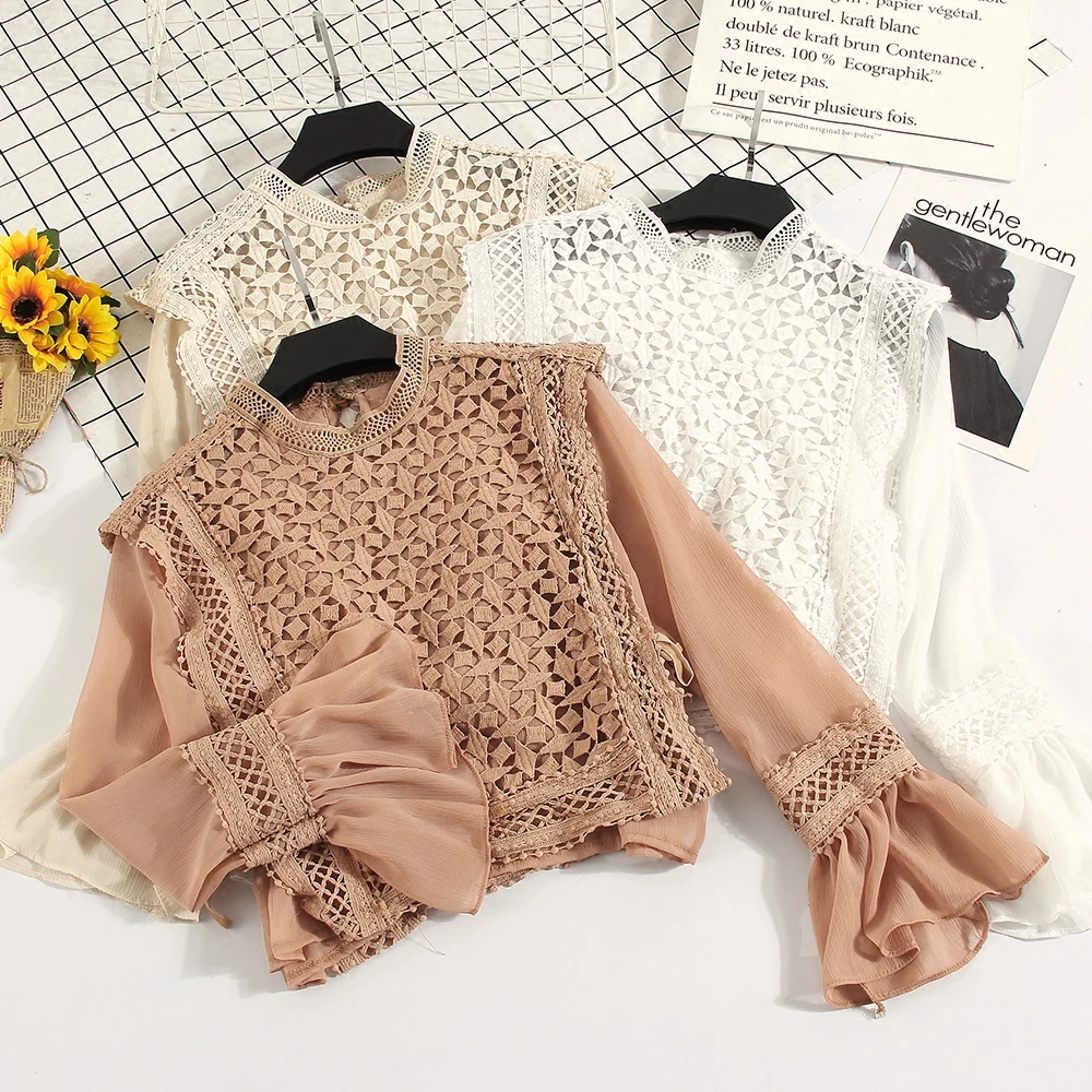 2018 Весенняя коллекция блузка рубашка ажурная кружевная вышитая цветами