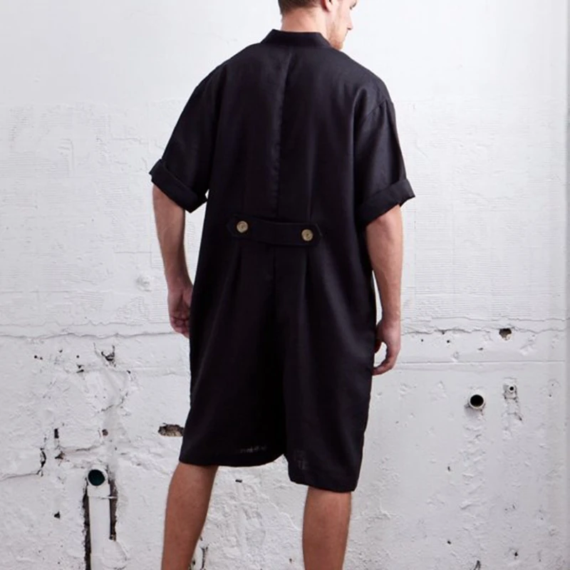 CYSINCOS Summer Loose Men Rompers Cotton Half Sleeve Button Pants Vintage Casual Solid Men Cargo Overalls Jumpsuit Trousers Men