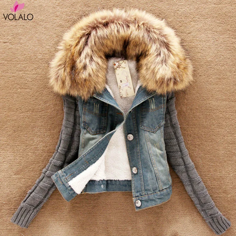 Women Winter Thick Jeans Jacket Faux Fur Collar Fleece Hooded Denim Coat Female Padded Warm Outwear Dropshipping | Женская одежда