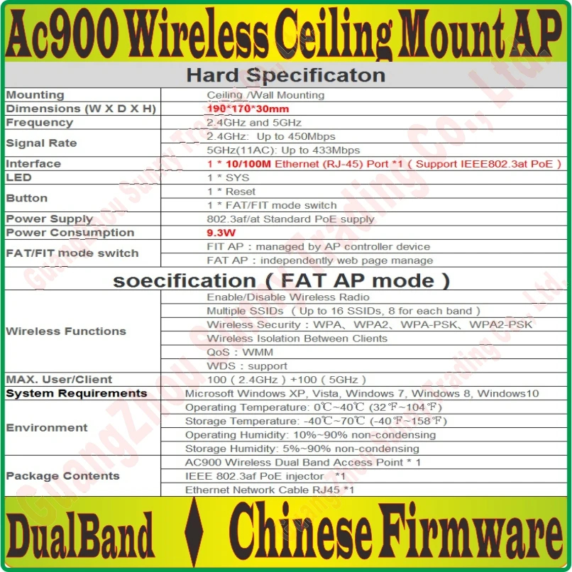 2.4G5G двухдиапазонный беспроводной Ap 900 Мбит/с AC900 Крытый потолок AP 802.11bgn 11AC WiFi точка