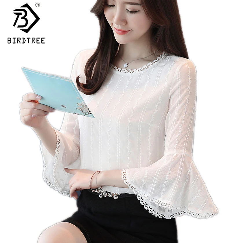 Модные блузки белые рубашки 2018 новые весенние женские кружевные с расклешенными