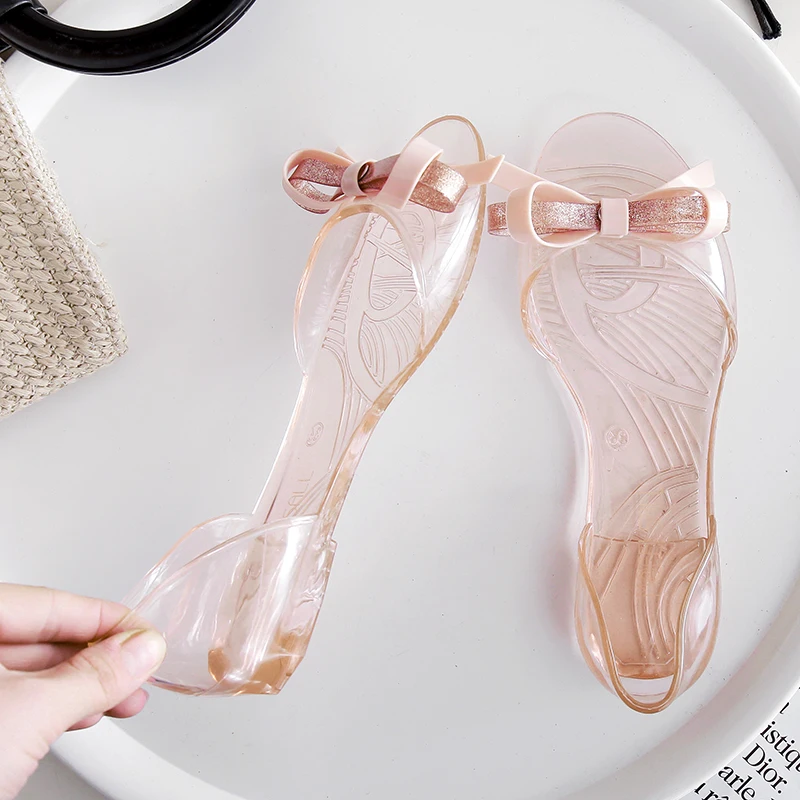 Сандалии желе женские прозрачные пляжная обувь на плоской подошве с прозрачным кристаллом без застежки