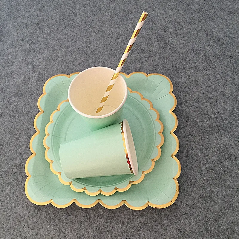 8 комплектов цельные Мятные гребешки из фольги с золотыми краями бумажные