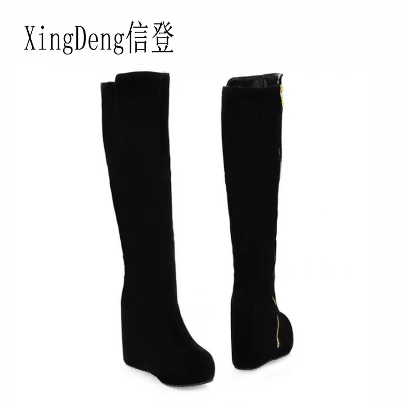 Xingdeng Для женщин сапоги до колена зима клин Платформа высокий каблук Насосы