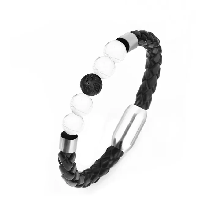 white black silver Louleur, новинка, Модный очаровательный мужской кожаный браслет, лава, чакра, камень, бусины, черные, нержавеющая сталь, браслеты для мужчин, Панк ювелирные изделия - Окраска металла: white black silver