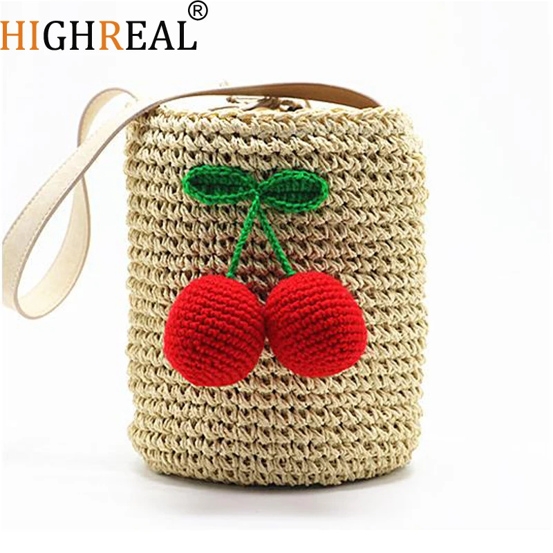 HIGHREAL Cherry помпоном Летний стиль сумочки в форме цилиндра Богемские индийские