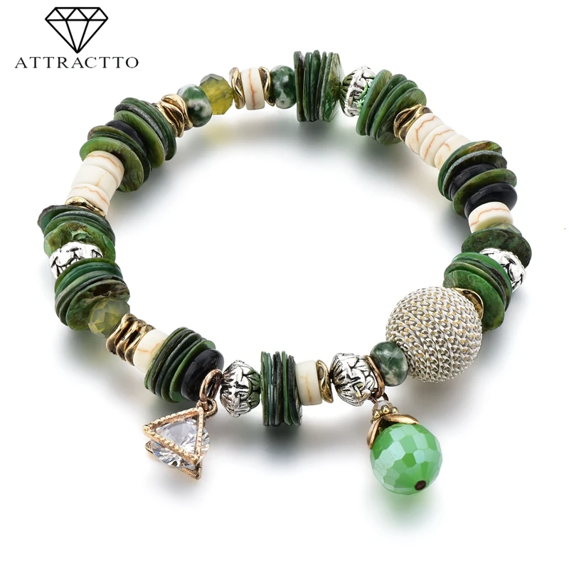 

ATTRACTTO Green Bohemian Jewelry charm Bracelets Bangles For Women Stainless Steel Bracelet Handmade Jewelry Bracelet SBR190042