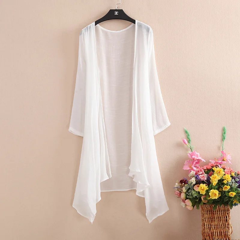 Женский льняной кардиган-кимоно Длинная блузка в стиле бохо корейские топы и