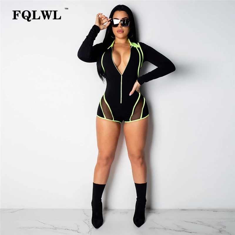 Женский Короткий комбинезон FQLWL облегающий сетчатый с длинными рукавами для