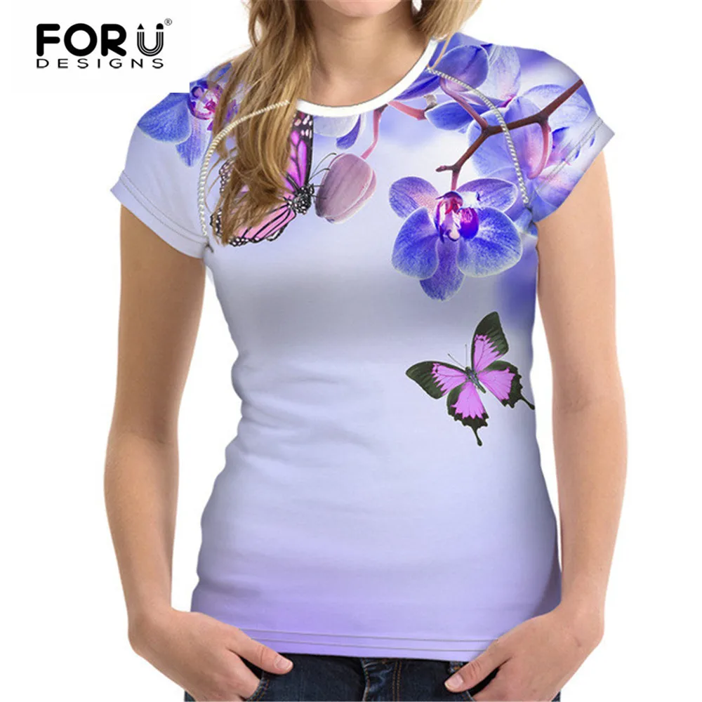 FORUDESIGNS/цветок футболка для женщин с рисунком бабочек и цветов: Базовые Футболки