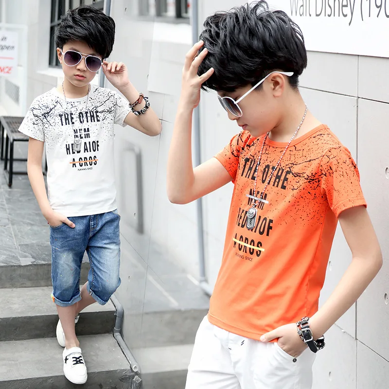 С круглым вырезом и принтом Футболки для мальчиков модные летние Рубашка с