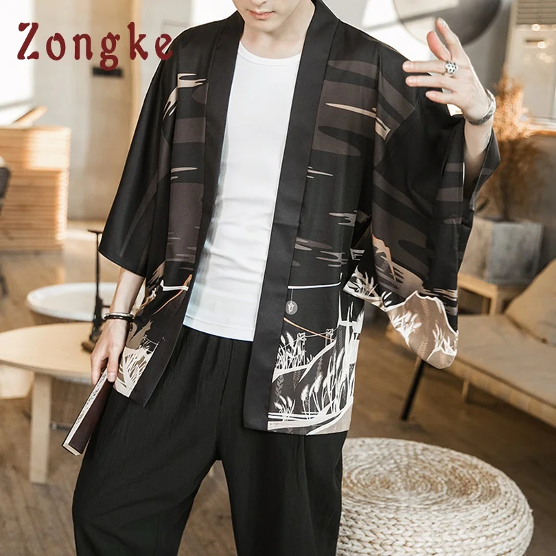 Zongke Fox Moonlight черное кимоно для мужчин японское кимоно кардиган Harajuku кимоно рубашка Мужская Уличная Мужская гавайская рубашка 5XL