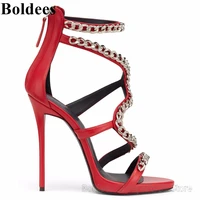 red white pu leather 12cm heeled high heel sandals women gold chains decor zipper stiletto party shoe