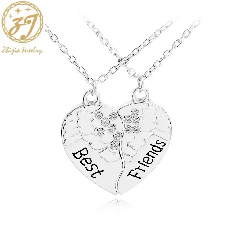 Ожерелье Zhijia trendy BFF с сердцем, разбитым на две части, из кристаллов с крыльями ангела и головоломкой, для лучших друзей навсегда. Дружеские украшения.