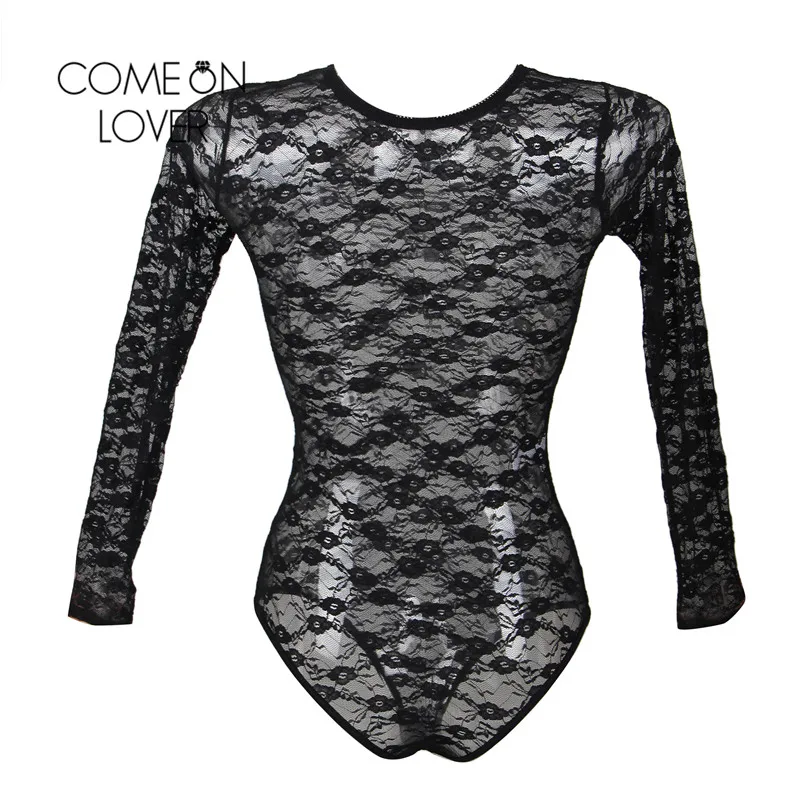

Comeonlover Lace Bodysuit Long Sleeve Plus Size Mesh Bodysuits For Women Rompers Black O Neck Floral Transparent Tops RI80382