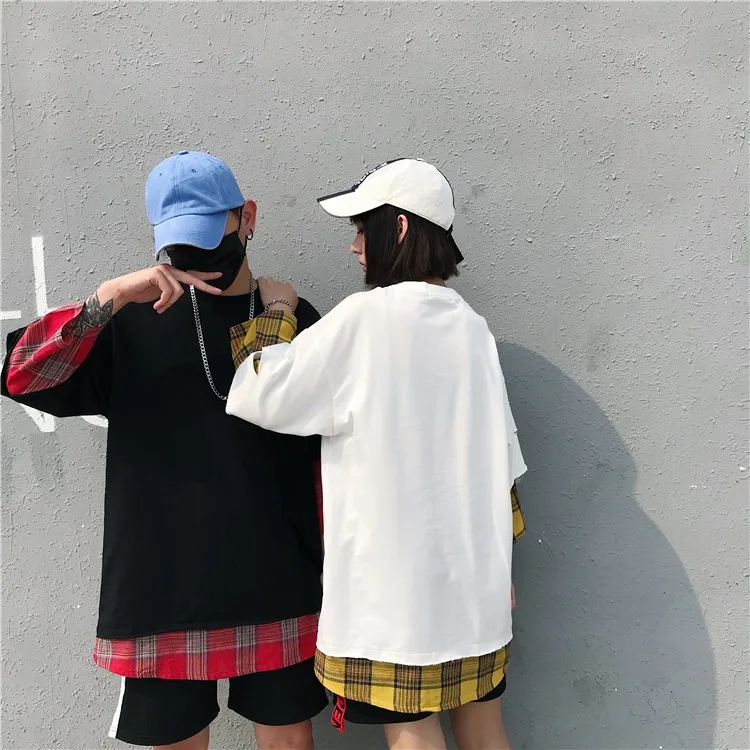LAPPSTER летняя желтая клетчатая уличная футболка поддельные две части Harajuku Лоскутные футболки мужские Забавные футболки с длинным рукавом