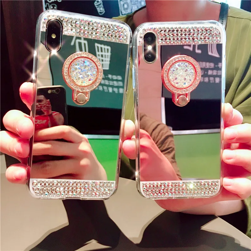 

QIKEFANG Diamond Plating Mirror Ring bracket phone cases For iPhone X XS Max XR 8 7 6 6S Plus 5 5S SE Stand Cover Shell