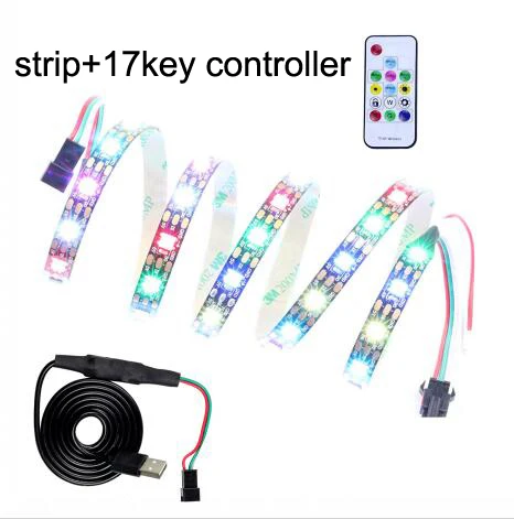 strip with remote WS2812B ws2812 IC Светодиодная лента светильник водонепроницаемый 60 Светодиодный s 5V RGB 5050 SMD цвет мечты гибкие полосы RF 17key дистанционный неоновый ленточный светильник - Испускаемый цвет: strip with remote