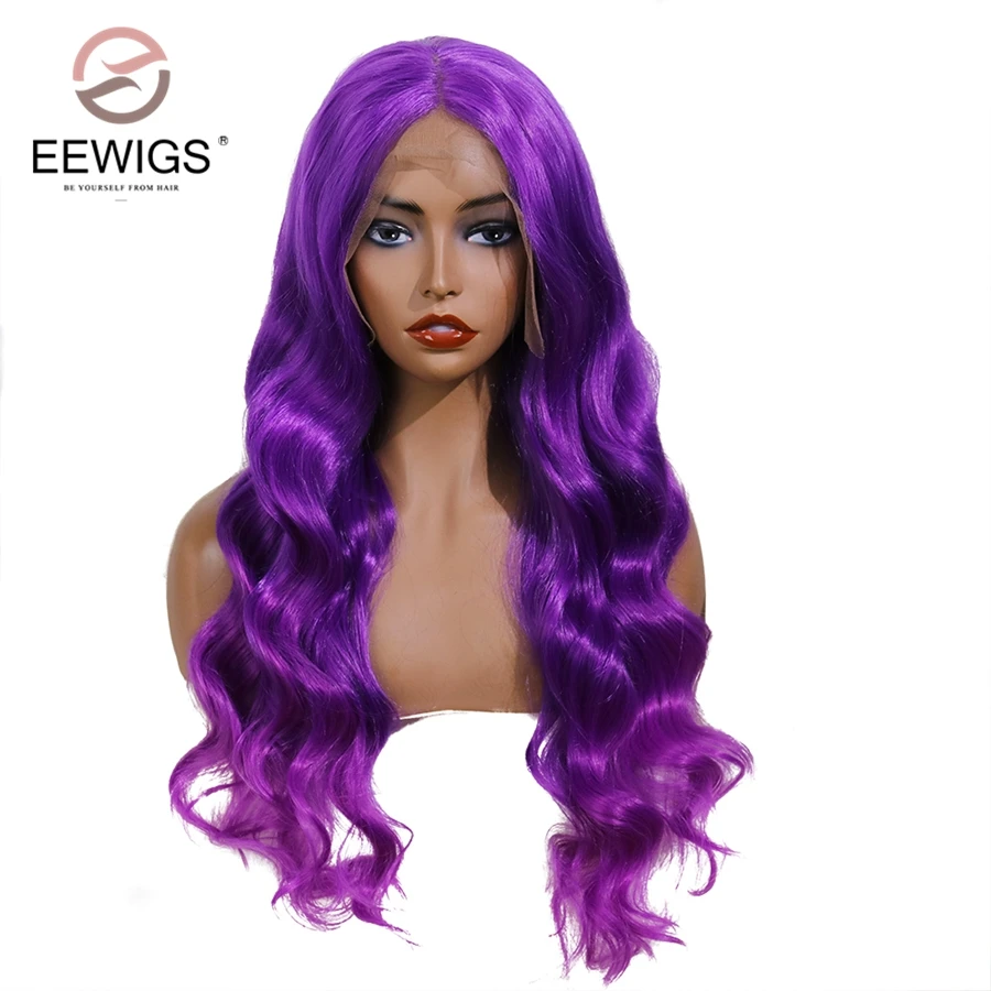 EEWIGS эффектом деграде(переход от темного к фиолетовый цвет парик высокого Температура 13x6 синтетический Синтетические волосы на кружеве парик длинный без клея парики с крутыми локонами для черный Для женщин