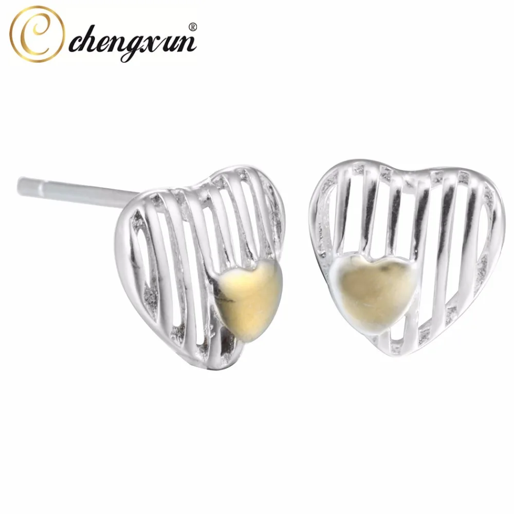 CHENGXUN 1 пара модных серег золотые крошечные двойные сердца серебряные