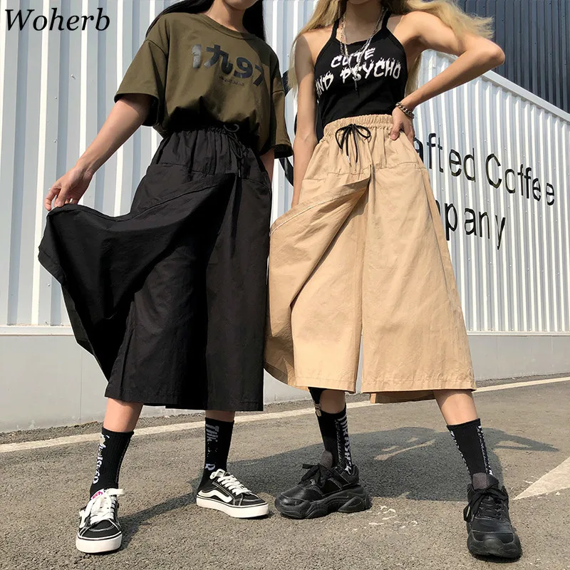 Woherb Harajuku широкие юбки Капри брюки женские с высокой талией уличная одежда 2021