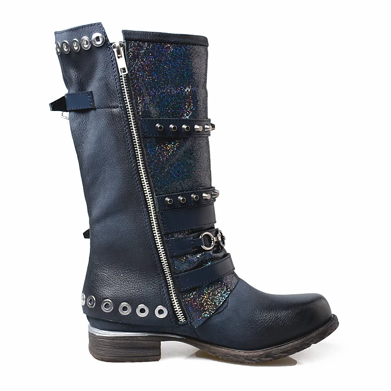 

zapatos de mujer 2018 Shoes Woman Leather Mid-Calf Boots Mixed Color Metal Decor belt buckle Motorcycle Boots zip botas mujer