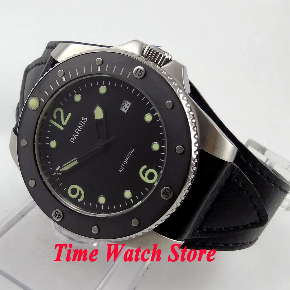 

Parnis 43mm Miyota 821A black dial green marks sapphire glass ceramic bezel 10ATM Automatic mens watch 390A relogio masculino