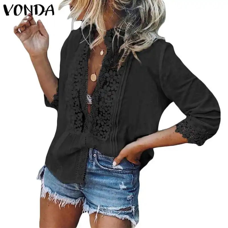 VONDA, летние женские блузки с цветочным рисунком,, винтажные, с рукавом семь, сексуальные, с v-образным вырезом, кружевные, OL, офисные рубашки, блузки, пляжные, вечерние, блузы большого размера