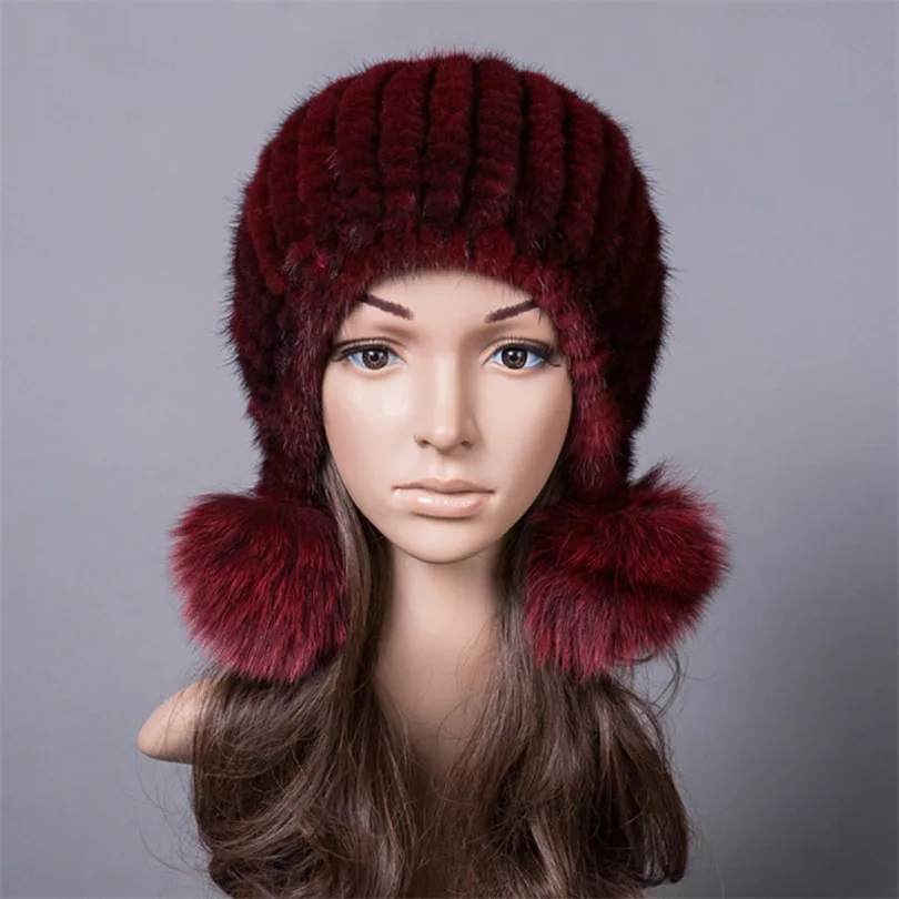 Wine Red Меховая шапка из натуральной норки для женщин, зимние вязаные шапки бини с лисьим мехом, помпоны из натурального меха норки, толстые женские зимние шапки - Цвет: Wine Red