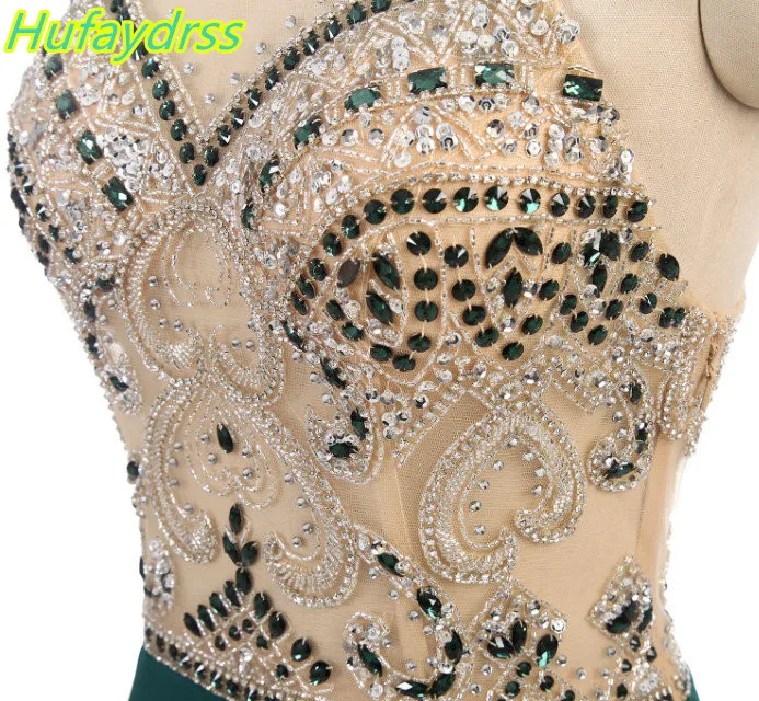 Вечерние платья Длинные 2018 темно-зеленый Бусины Кристалл Иллюзия Русалка Vestido De