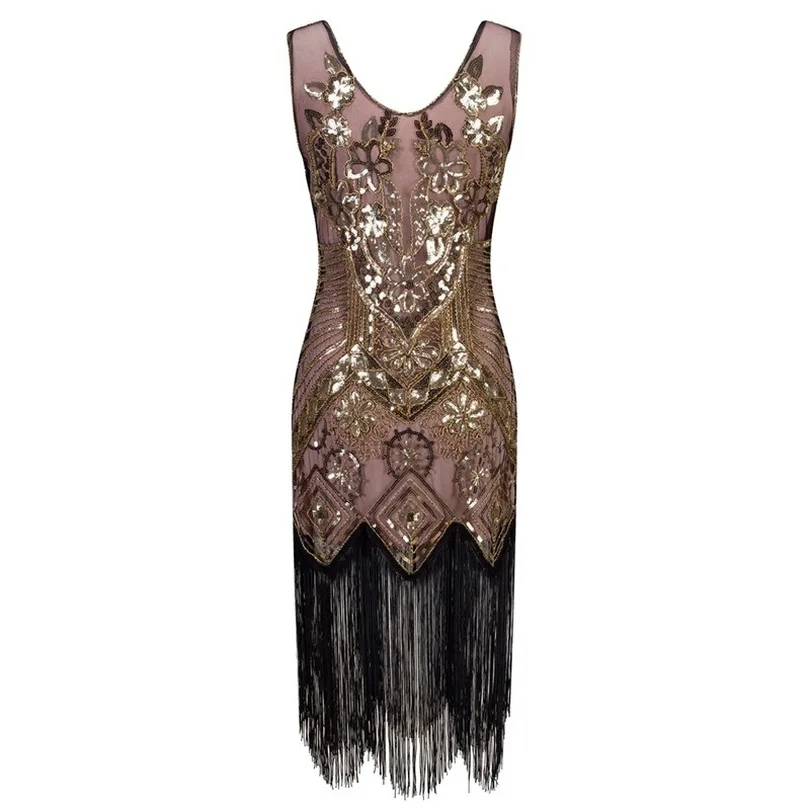 Украшенное бисером платье с блестками Vestidos женское 1920 s винтажное v образным