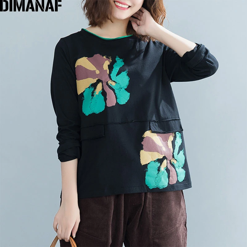 

DIMANAF Women's T-Shirts Female Clothes Ladies Basic Tops Tees Print Black Pullover Autumn Cotton Loose tshirt 2020Oversize