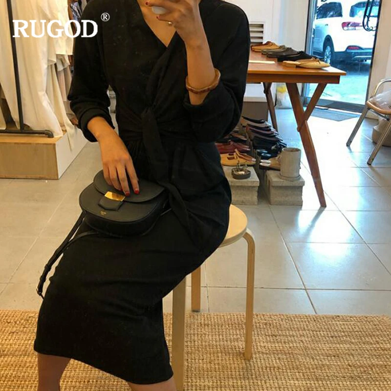 Женское платье средней длины RUGOD однотонное с длинным рукавом и поясом в стиле