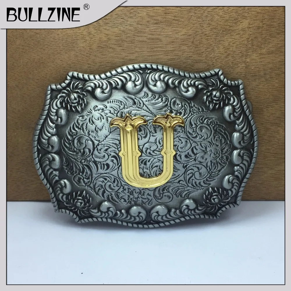 Пряжка ремня Bullzine с буквой U оловянной и золотистой отделкой FP-03687-U подходит для