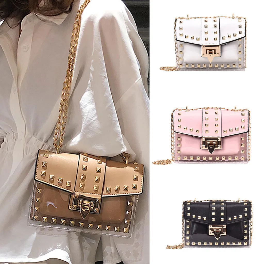 

Women's Bag Fashion Rivet Diagonal Package Transparent Shoulder Chain handtassen dames torebka damska shopper bolsa feminina