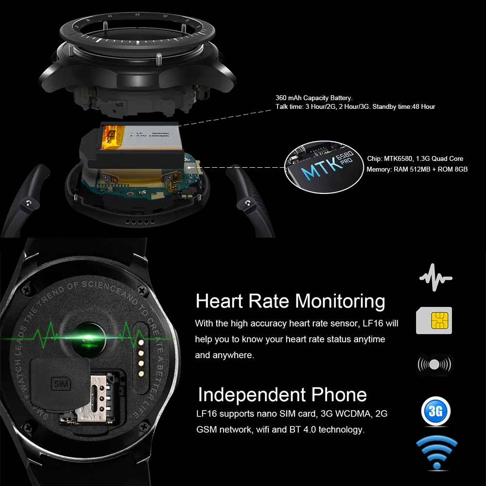 LEMFO LF16 3g умные часы телефон wifi gps умные часы с Bluetooth на андроиде мужские женские спортивные наручные часы 8 ГБ 512 Мб монитор сердечного ритма