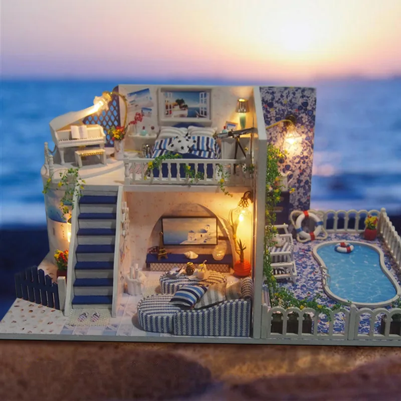 

M008 Diy Вилла Деревянный Кукольный дом Miniatura 3D головоломки модели наборы кукольные домики миниатюрные игрушки-остров Санторини
