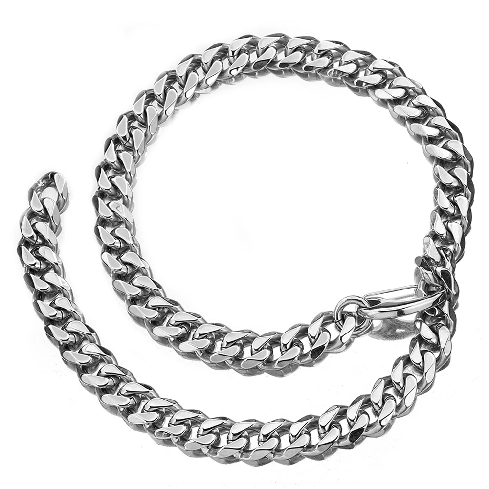 

15mm 19mm Men Necklace Bracelets Silver Color Stainless Steel Curb Cuban Chain Solid Thick Plated Clasp Free Adjustable Choker
