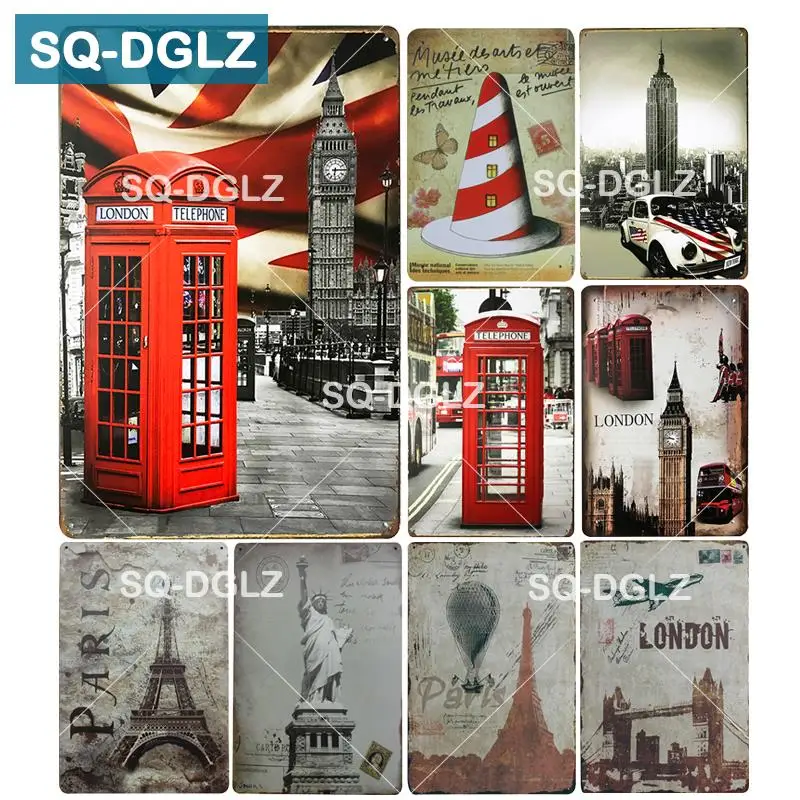 [SQ DGLZ] Новый Лондон Париж жестяной знак Британский здание Бар Настенный декор